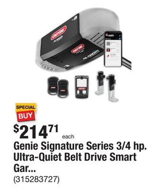 The Home Depot Genie signature series 3/4 hp. ultra-quiet belt drive smart garage door opener offer