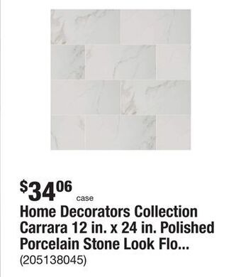 The Home Depot Home decorators collection carrara 12 in. x 24 in. polished porcelain stone look floor and wall tile (16 sq. ft./case) offer