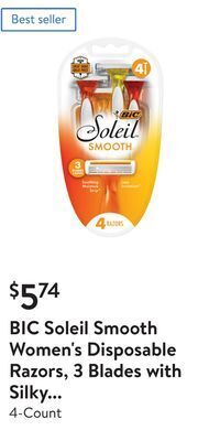 Walmart Bic soleil smooth women's disposable razors, 3 blades with silky moisture strip offer