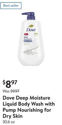 Walmart Dove deep moisture liquid body wash with pump nourishing for dry skin offer