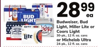 ACME Budweiser, bud light, miller lite or coors light 30-pk., 12 fl. oz. cans or michelob ultra 24-pk., 12 fl. oz. cans offer