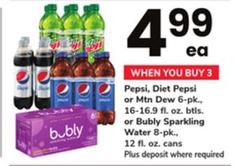 ACME Pepsi, diet pepsi or mtn dew 6-pk., 16-16.9 fl. oz. btls. or bubly sparkling water 8-pk., 12 fl. oz. cans offer