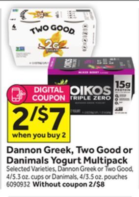 Stop&Shop Dannon greek, two good or danimals yogurt multipack offer