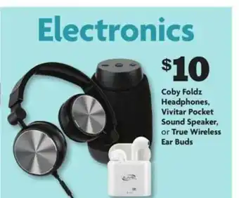 Family Dollar Coby Foldz Headphones, Vivitar Pocket Sound Speaker, Or True Wireless Ear Buds offer