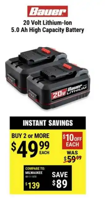 Harbor Freight Tools Bauer 20 Volt Lithium-ion 5.0 Ah High Capacity Battery offer