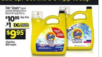 Dollar General Tide Simply Liquid Laundry Detergent Oxi Or Bleach 96 Loads-150 Oz offer