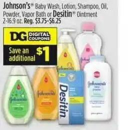Dollar General Johnson's Baby Wash, Lotion, Shampoo, Oil, Powder, Vapor Bath Or Desitin Ointment offer