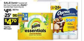 Dollar General Charmin Essentials Soft Bath Tissue 12 Double Rolls Or Bounty Essentials Paper Towels 6 Big Rolls offer