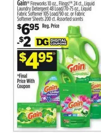 Dollar General Gain Fireworks 10 Oz. Flings! Liquid Laundry Detergent 48 Load, Liquid Fabric Softener 105 Load-90 Oz. Or Fabric Softener She offer