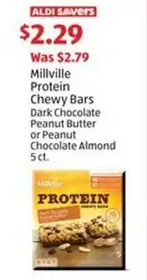Aldi Millville Protein Chewy Bars Dark Chocolate Peanut Butter or Peanut Chocolate Almond 5ct. offer