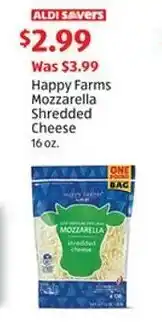 Aldi Happy Farms Mozzarella Shredded Cheese 16 oz. offer
