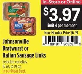 Raley's Johnsonville Bratwurst or Italian Sausage Links offer