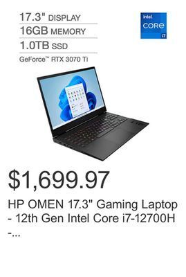 Costco Hp omen 17.3 gaming laptop - 12th gen intel core i7-12700h - geforce rtx 3070 ti - (2560 x 1440) 165hz - windows 11 offer