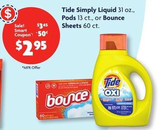 Family Dollar Tide simply liquid 31 oz., pods 13 ct., or bounce sheets 60 ct. offer