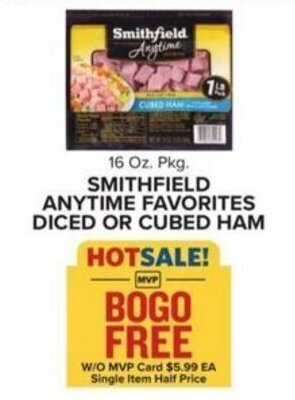 Food Lion 16 Oz. Pkg. SMITHFIELD ANYTIME FAVORITES DICED OR CUBED HAM offer