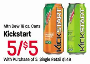 Ridleys Family Markets Mtn Dew 16 oz Cans Kickstart offer