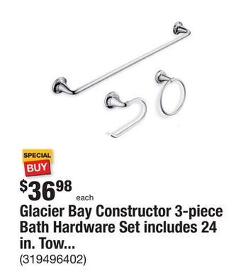 The Home Depot Glacier bay constructor 3-piece bath hardware set includes 24 in. towel bar, towel ring and tp holder in chrome offer