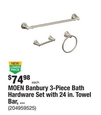 The Home Depot Moen banbury 3-piece bath hardware set with 24 in. towel bar, toilet paper holder, and towel ring in brushed nickel offer