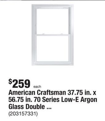 The Home Depot American craftsman 37.75 in. x 56.75 in. 70 series low-e argon glass double hung white vinyl fin with j window, screen incl offer