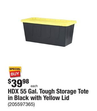 The Home Depot Hdx 55 gal. tough storage tote in black with yellow lid offer