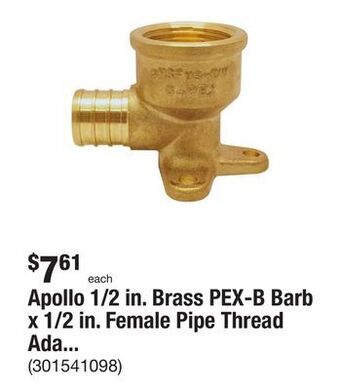 The Home Depot Apollo 1/2 in. brass pex-b barb x 1/2 in. female pipe thread adapter 90-degree drop-ear elbow offer