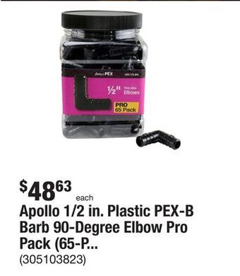 The Home Depot Apollo 1/2 in. plastic pex-b barb 90-degree elbow pro pack (65-pack) offer