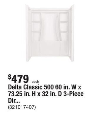 The Home Depot Delta classic 500 60 in. w x 73.25 in. h x 32 in. d 3-piece direct-to-stud alcove shower surrounds in high gloss white offer