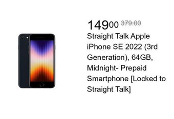 Walmart Straight Talk Apple iPhone SE 2022 (3rd Generation), 64GB, Midnight- Prepaid Smartphone [Locked to Straight Talk] offer