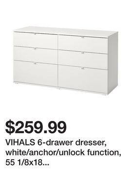 Ikea Vihals 6-drawer dresser, white/anchor/unlock function, 55 1/8x18 1/2x29 1/2 offer