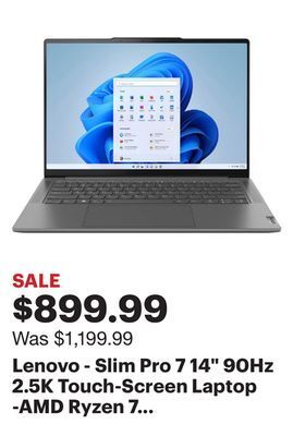 Best Buy Lenovo - slim pro 7 14 90hz 2.5k touch-screen laptop -amd ryzen 7 7735hs - nvidia geforce rtx 3050 with 16gb memory - 512gb s offer