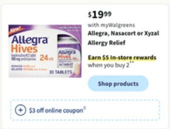 Walgreens Allegra, nasacort or xyzal allergy relief offer