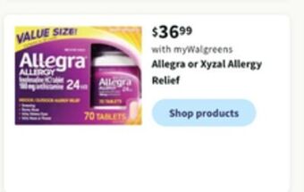 Walgreens Allegra or xyzal allergy relief offer