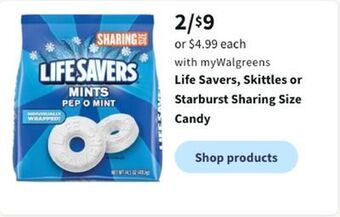 Walgreens Life savers, skittles or starburst sharing size candy offer