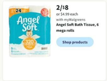 Walgreens Angel soft bath tissue, 6 mega rolls offer