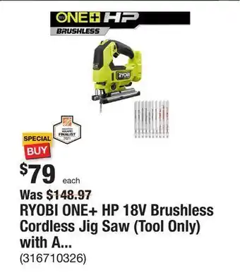 The Home Depot Ryobi one+ hp 18v brushless cordless jig saw (tool only) with all purpose jig saw blade set (10-piece) offer