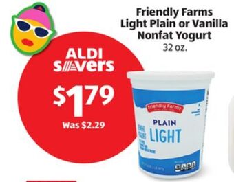 Aldi Friendly farms light plain or vanilla nonfat yogurt offer