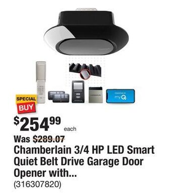 The Home Depot Chamberlain 3/4 hp led smart quiet belt drive garage door opener with battery backup offer