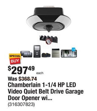 The Home Depot Chamberlain 1-1/4 hp led video quiet belt drive garage door opener with integrated camera & battery backup offer