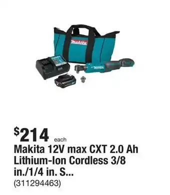 The Home Depot Makita 12v max cxt 2.0 ah lithium-ion cordless 3/8 in./1/4 in. sq. drive ratchet kit offer