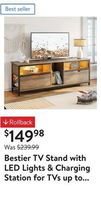 Walmart Bestier tv stand with led lights & charging station for tvs up to 70, weathered rustic oak offer