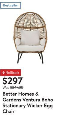 Walmart Better homes & gardens ventura boho stationary wicker egg chair offer