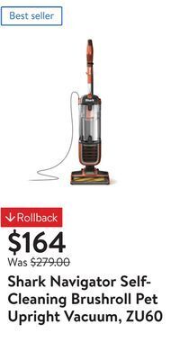 Walmart Shark navigator self-cleaning brushroll pet upright vacuum, zu60 offer