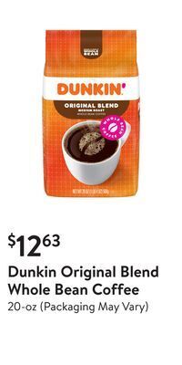 Walmart Dunkin original blend whole bean coffee offer