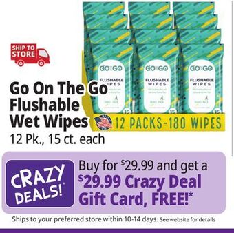 Ocean State Job Lot Go on the go flushable wet wipes, 15 ct, 12-pack (180 wipes total) offer