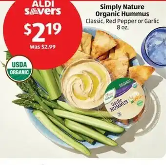 Aldi Simply Nature Organic Hummus Classic, Red Pepper or Garlic 8 oz. offer