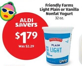 Aldi Friendly Farms Light Plain or Vanilla Nonfat Yogurt 32 oz. offer