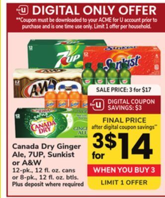 ACME Canada dry ginger ale, 7up, sunkist or a & w offer