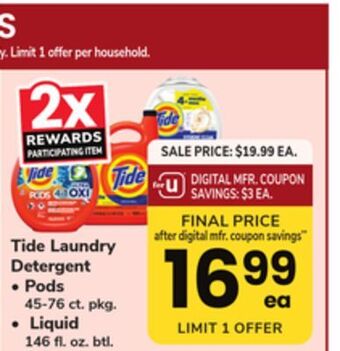 ACME Tide laundry detergent pods 45-76 ct. pkg. liquid 146 fl. oz. btl. offer
