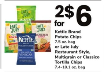 ACME Kettle brand potato chips 7.5 oz. bag or late july restaurant style, multigrain or classico tortilla chips 7.4-10.1 oz. bag offer