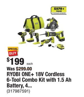 The Home Depot Ryobi one+ 18v cordless 6-tool combo kit with 1.5 ah battery, 4.0 ah battery, and charger offer